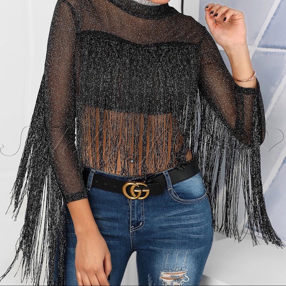 LAST ONE! VEGA Sheer Black Fringe Metallic Top